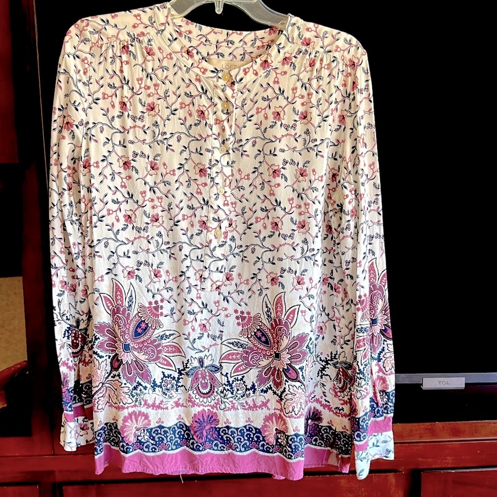 LOFT Cream and Pink Long Sleeve Blouse with Mandarin Collar